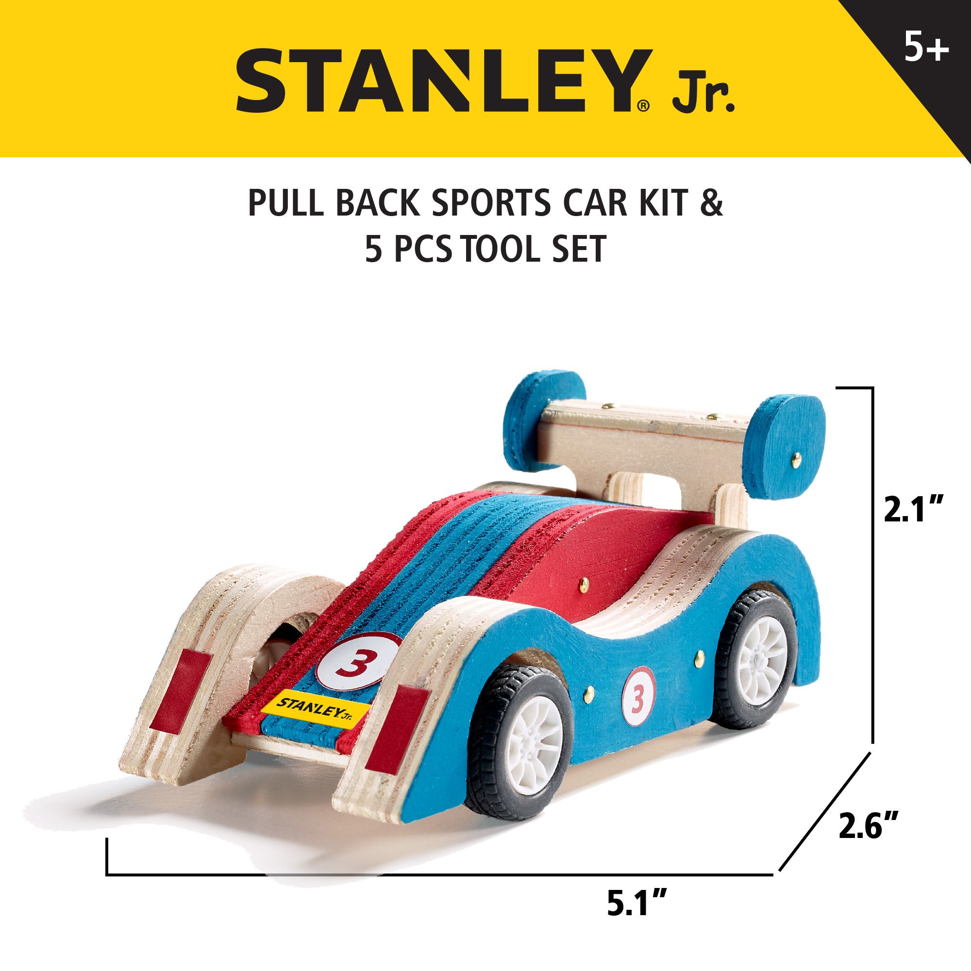 PULL BACK SPORTS CAR KIT & 5 PIECE TOOL SET​ 
Includes: JK030-SY Pull Back Sports Car kit​; Hammer​; Safety Goggles; Phillips Screwdriver no. 1​; Phillips Screwdriver no. 2​; Tape Measure​ — Stanley Jr wholesale toy