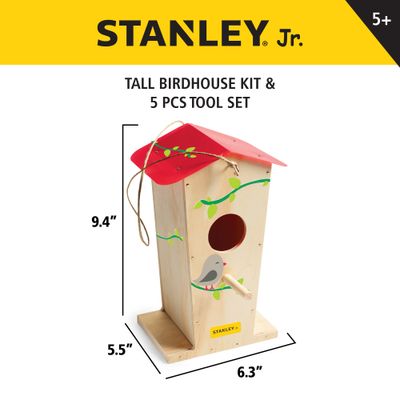 TALL BIRDHOUSE KIT & 5 PIECE TOOL SET
Includes: OK008-SY Tall Birdhouse kit; Hammer; Safety Goggles; Phillips Screwdriver no. 1; Phillips Screwdriver no. 2; Tape Measure — Stanley Jr wholesale toy
