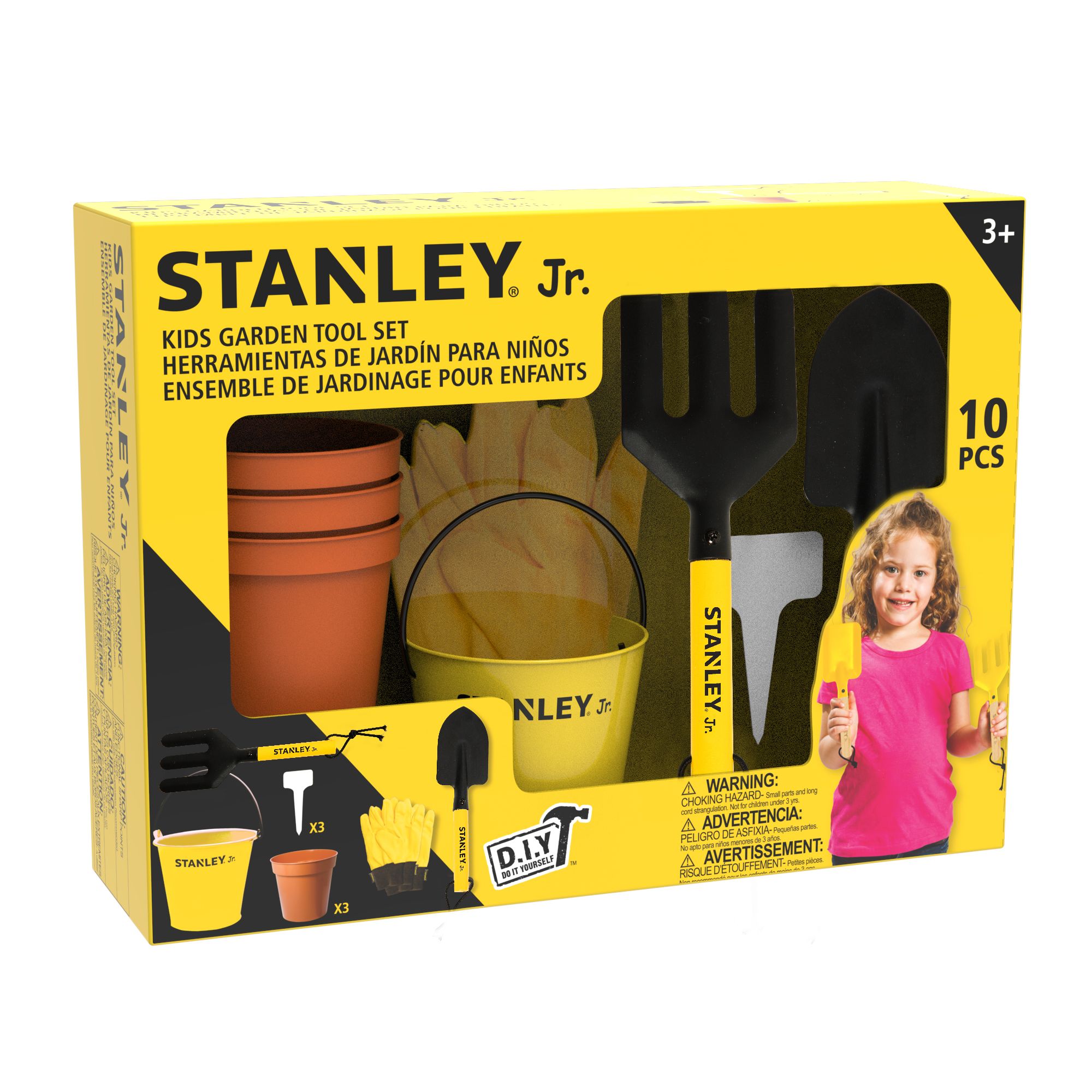 10 pcs Garden Toolset  including : G007-SY hand trowel, G009-SY hand fork, pail, T032-SY gloves, 3x garden plant label, 3x garden platic pot — Stanley Jr wholesale toy