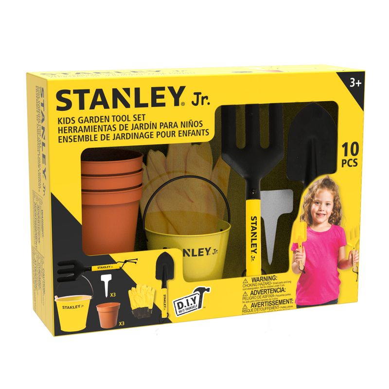 10 pcs Garden Toolset including : G007-SY hand trowel, G009-SY hand fork, pail, T032-SY gloves, 3x garden plant label, 3x garden platic pot — Stanley Jr wholesale toy