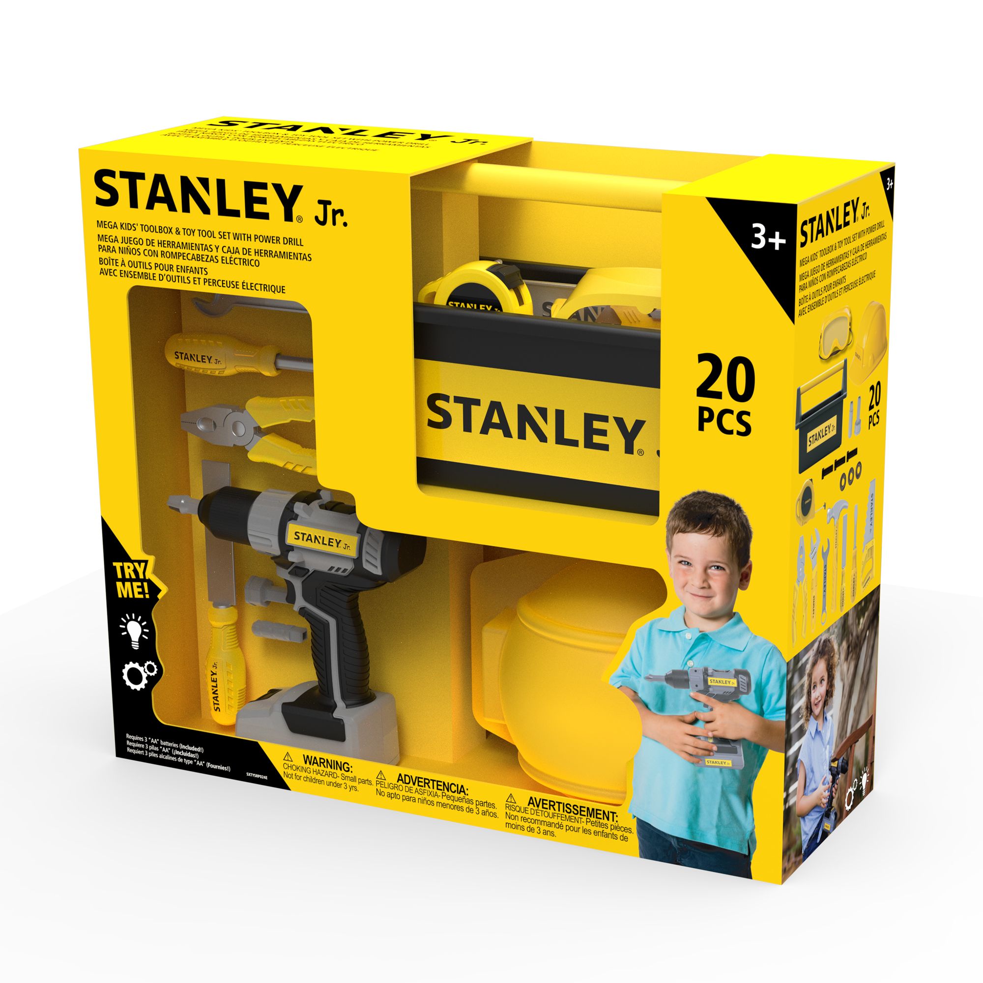 Pretend Play Toolbox With 
Drill+ Pretend Tools  includes: Battery operated screwdriver Hammer, Hand Saw,  Flat Screwdriver,  Wrench, Plastic  ruler 2 holes, Plastic ruler 3 holes,Washers,Bolts,File,Plier,Tape Measure, Helmet and Goggles
Leveler,Helmet, Goggles,2*Wrench,Toolbox — Stanley Jr wholesale toy
