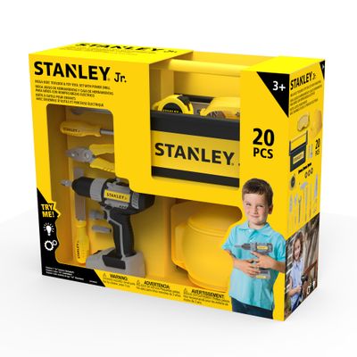 Pretend Play Toolbox With
Drill+ Pretend Tools includes: Battery operated screwdriver Hammer, Hand Saw, Flat Screwdriver, Wrench, Plastic ruler 2 holes, Plastic ruler 3 holes,Washers,Bolts,File,Plier,Tape Measure, Helmet and Goggles
Leveler,Helmet, Goggles,2*Wrench,Toolbox — Stanley Jr wholesale toy