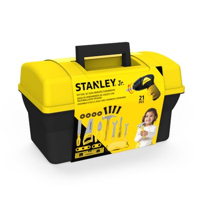 Pretend Play Toolbox Set- 21 Pieces includes: Battery operated screwdriver Hammer, Hand Saw, Flat Screwdriver, Wrench, Plastic ruler 2 holes, Plastic ruler 3 holes,Washers,Bolts,File,Plier
Leveler,Goggles,2*Wrench,Toolbox — Stanley Jr wholesale toy