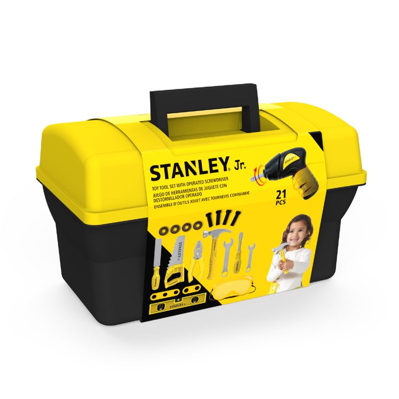 Pretend Play Toolbox Set- 21 Pieces includes: Battery operated screwdriver Hammer, Hand Saw, Flat Screwdriver, Wrench, Plastic ruler 2 holes, Plastic ruler 3 holes,Washers,Bolts,File,Plier
Leveler,Goggles,2*Wrench,Toolbox — Stanley Jr wholesale toy