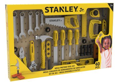 Pretend Play Hand toolset 40 Pieces, Includes : Hammer,Hand Saw,Leveler,Adjustable Wrench,Stanley Knife Clamp,Open Wrench, Washers, Screws, Screwdriver,Tape Measure, Ruler 3/2 Holes, File,Square, Flat Screwdriver, Belt, Blocks, Nails, Pliers, Blocks 3/2 Holes — Stanley Jr wholesale toy