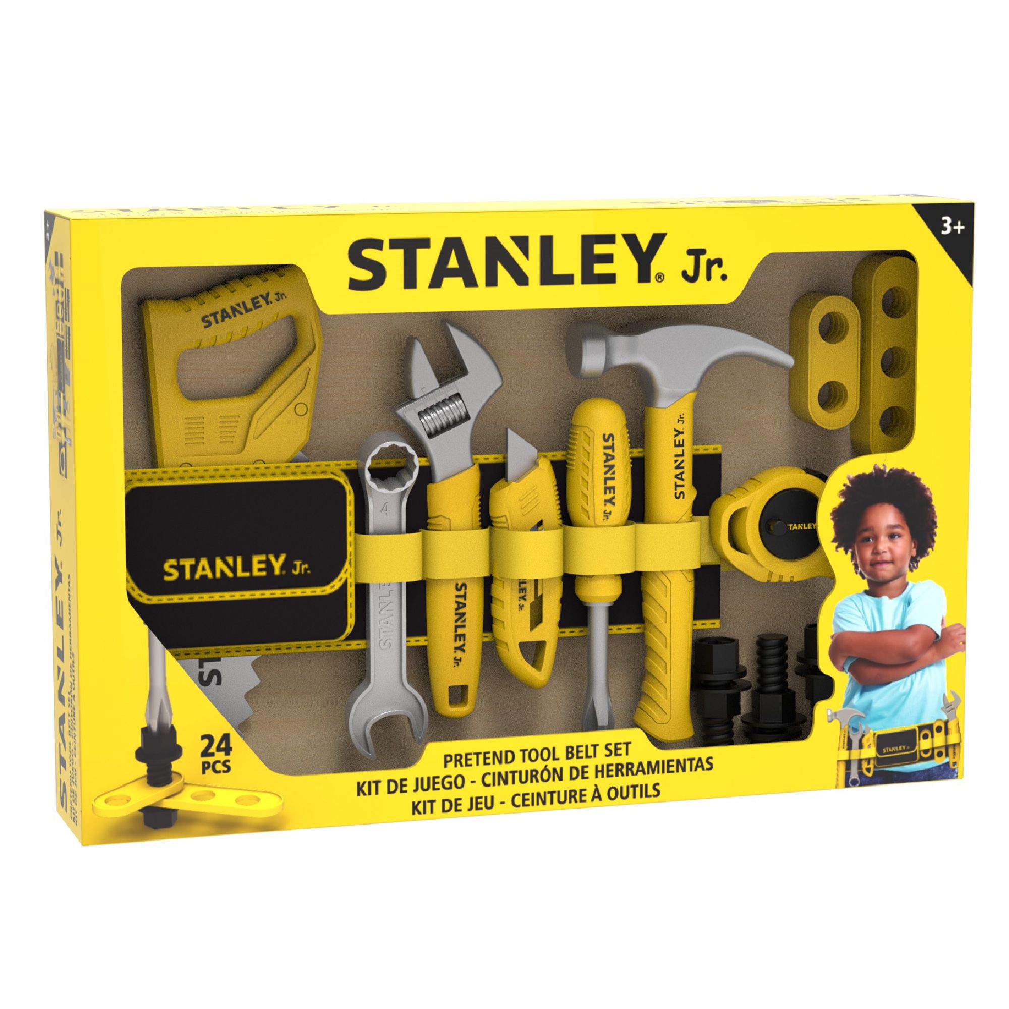 Pretend Play Toolbelt Set - 24 Pieces Includes: ToolBelt,Hammer,Hand Saw,Leveler,Adjustable Wrench,Wrench,Washers,Screwa,Screwdriver,Tape Measure,Ruler 3/2 Holes. — Stanley Jr wholesale toy