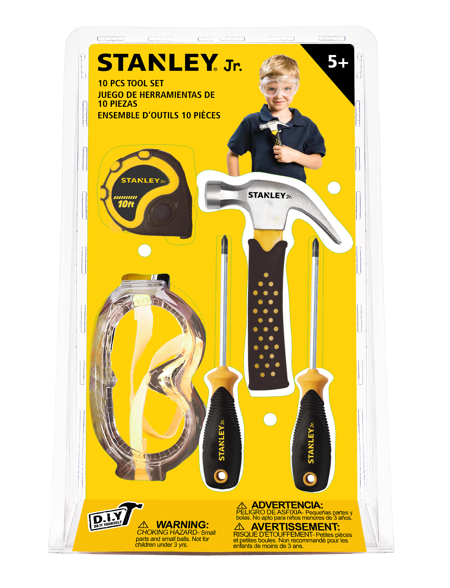 5 pcs Toolset including : Phillips Screwdriver no.1, Phillips Screwdriver no.2, Hammer, Tape Measure, Safety Goggles — Stanley Jr wholesale toy