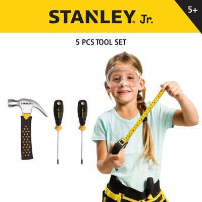 5 pcs Toolset including : Phillips Screwdriver no.1, Phillips Screwdriver no.2, Hammer, Tape Measure, Safety Goggles — Stanley Jr wholesale toy