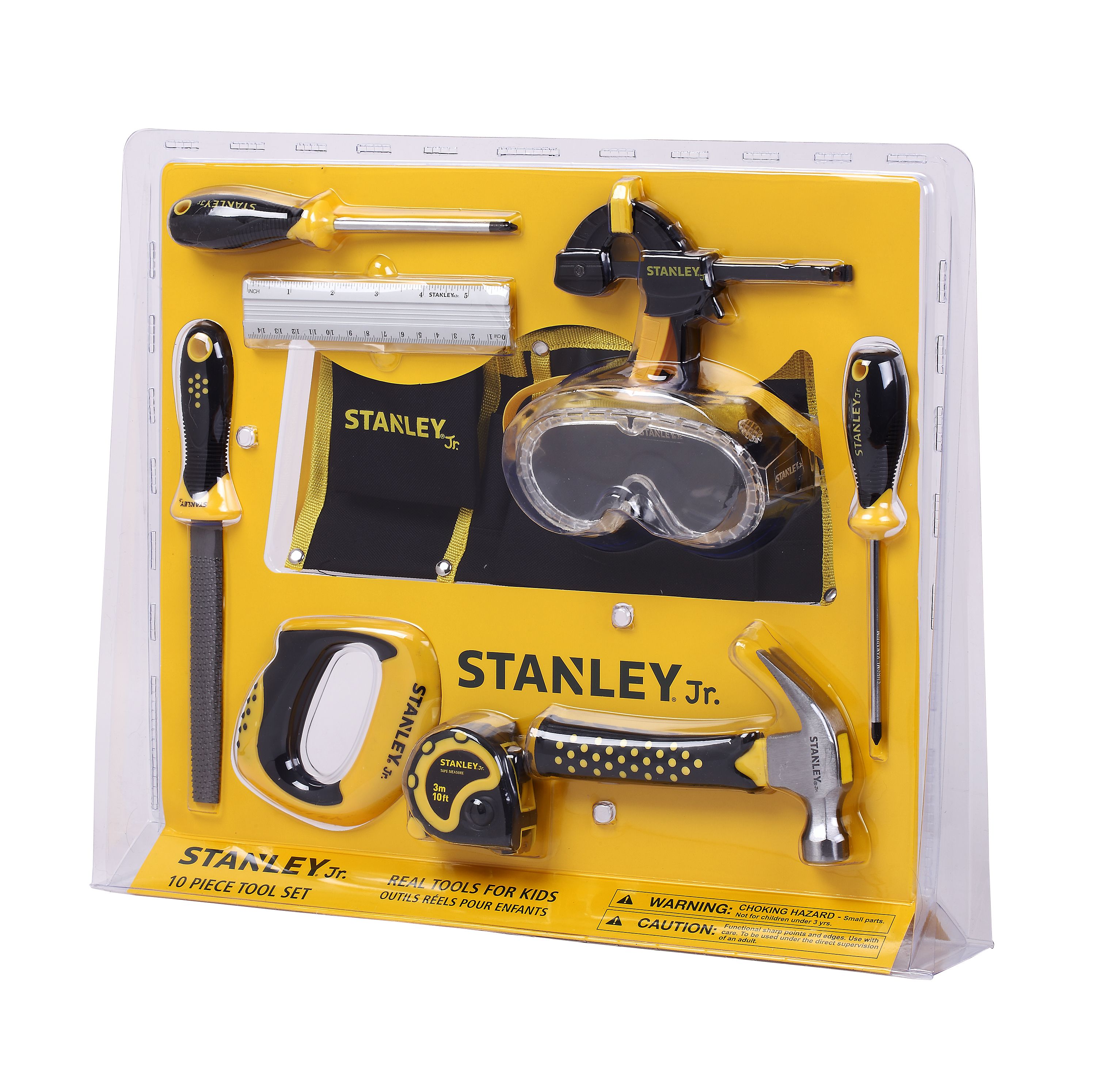 10 pc. Toolset  including Phillips Screwdriver no.1, Phillips Screwdriver no.2,  Hammer, Tape Measure, Bar Clamp, File, Handsaw, Ruler, Safety Goggles, Tool Belt — Stanley Jr wholesale toy