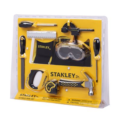 10 pc. Toolset including Phillips Screwdriver no.1, Phillips Screwdriver no.2, Hammer, Tape Measure, Bar Clamp, File, Handsaw, Ruler, Safety Goggles, Tool Belt — Stanley Jr wholesale toy