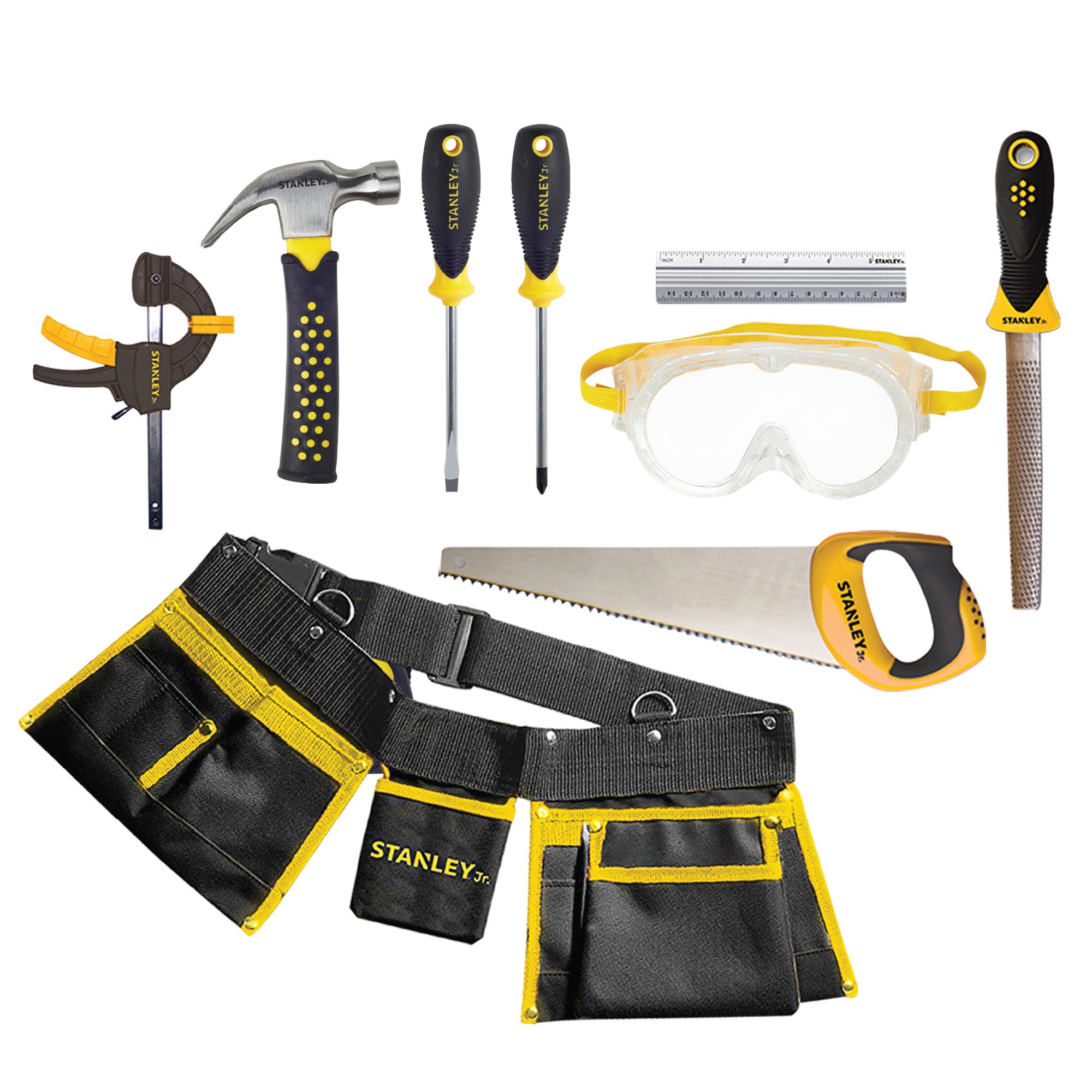 10 pc. Toolset  including Phillips Screwdriver no.1, Phillips Screwdriver no.2,  Hammer, Tape Measure, Bar Clamp, File, Handsaw, Ruler, Safety Goggles, Tool Belt — Stanley Jr wholesale toy