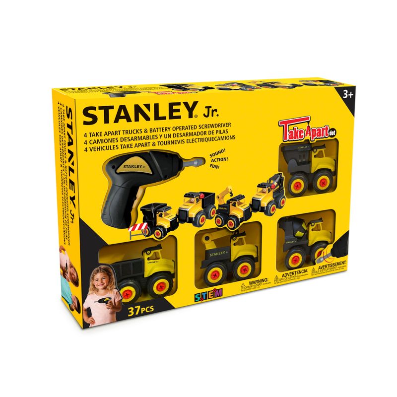 Stanley TAP DOT SET including 4 mini trucks: TT001S, TT003S, TT026S, TT027S+ Electric drill — Stanley Jr wholesale toy