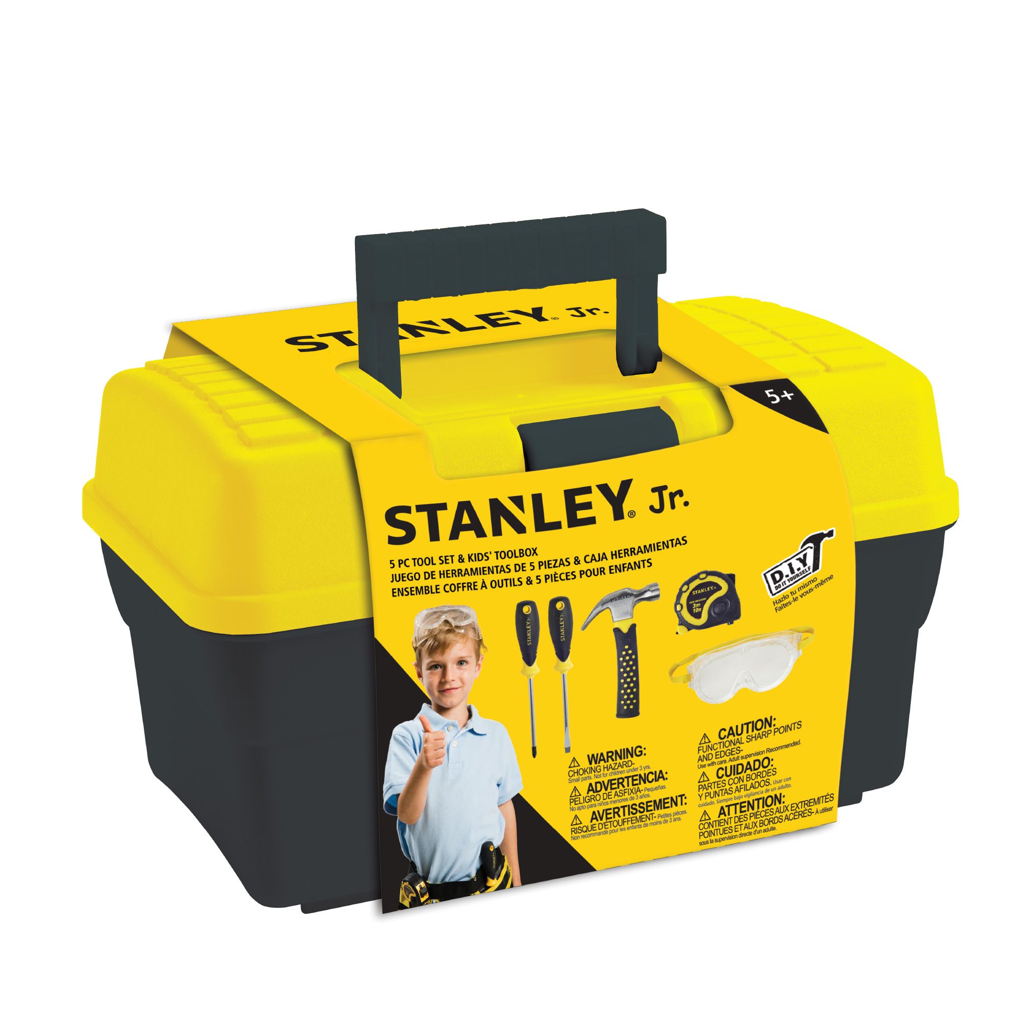 Tool box + 5 pcs Toolset including : Phillips Screwdriver no.1, Phillips Screwdriver no.2, Hammer, Tape Measure, Safety Goggles, Toolbox — Stanley Jr wholesale toy