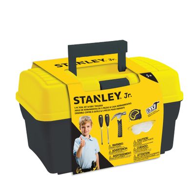Tool box + 5 pcs Toolset including : Phillips Screwdriver no.1, Phillips Screwdriver no.2, Hammer, Tape Measure, Safety Goggles, Toolbox — Stanley Jr wholesale toy