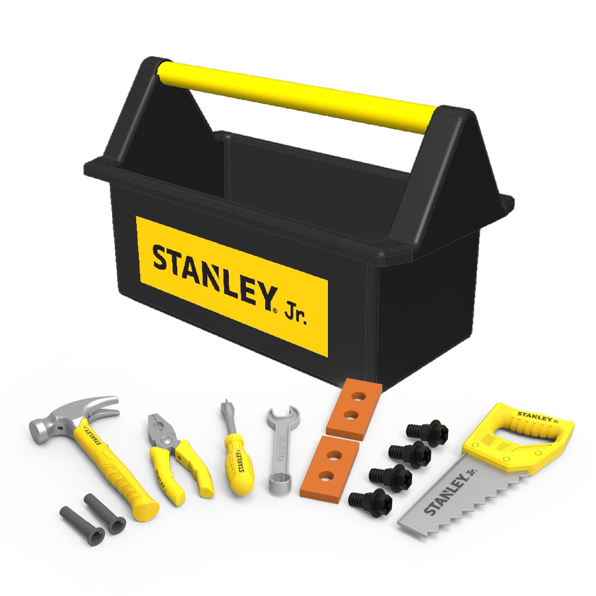 Pretend Play Open Toolbox Set
Includes: Open Toolbox, Hammer, Hand Saw Plier, Wrench, Washers ,Screws, Screwdriver, Blocks, Nails — Stanley Jr wholesale toy